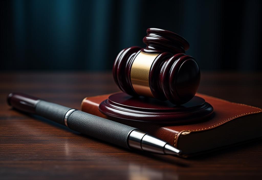 Legal documents and gavel on a dark desk